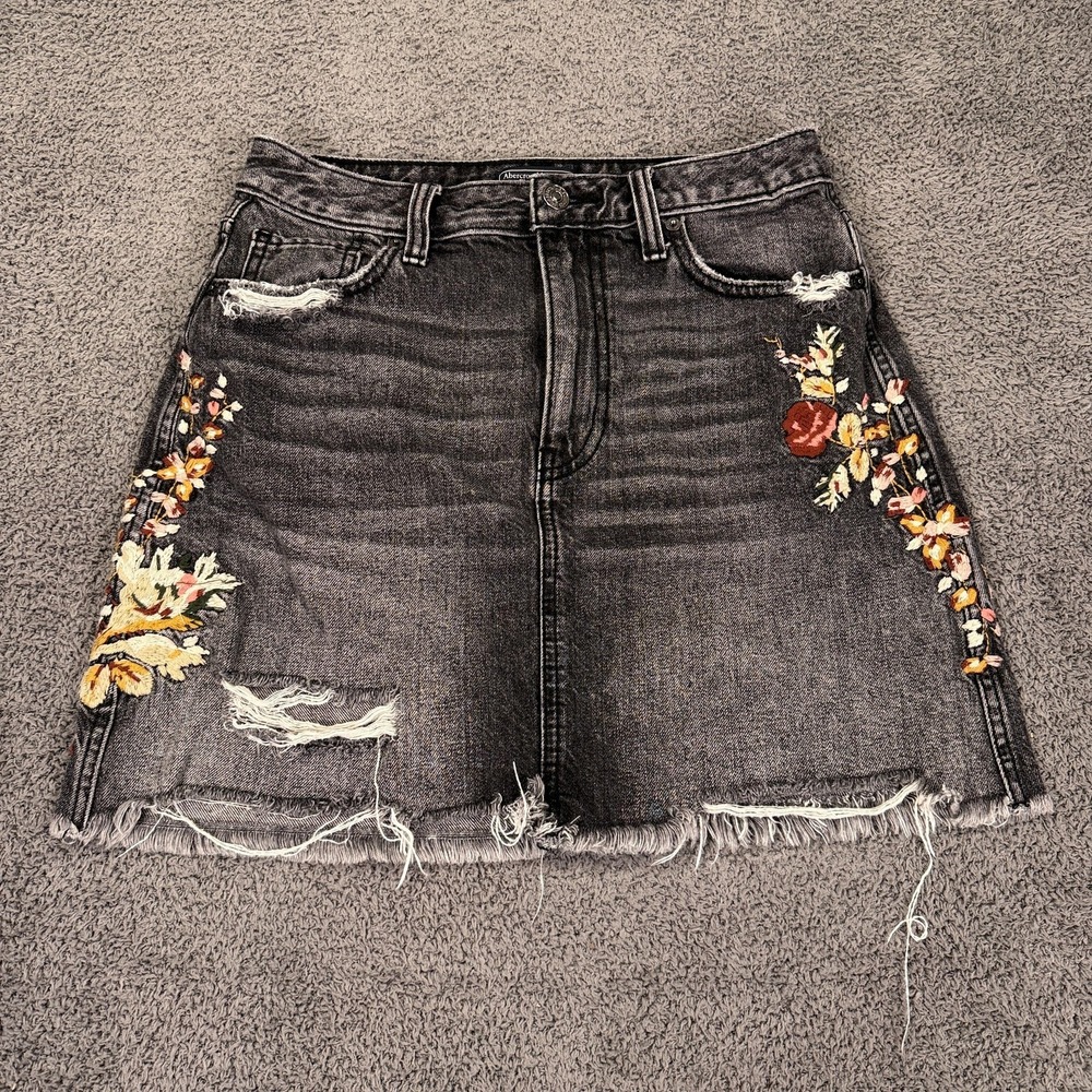 Abercrombie Fitch Skirt Womens 27 Black Denim Mini Embroidered Y2K Floral Boho